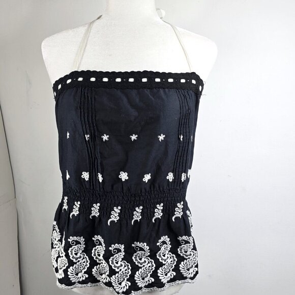 Vintage Y2K 90s Guess Black White Embroidered Smocked Halter Top - Picture 1 of 8